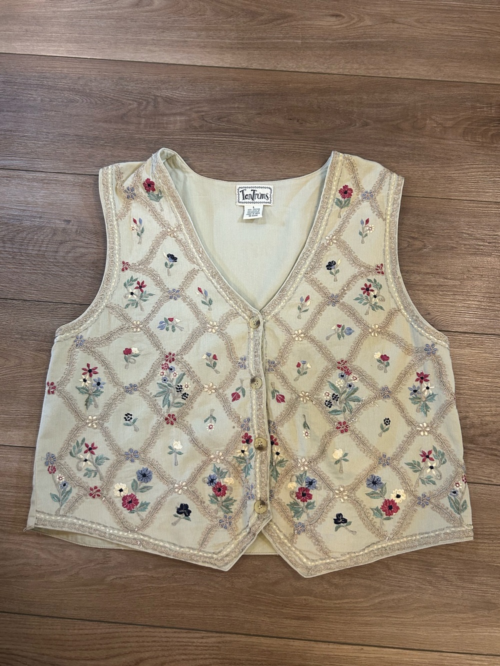 Vintage TanTrums Embroidered Floral Knit Vest Boho Cottagecore L
